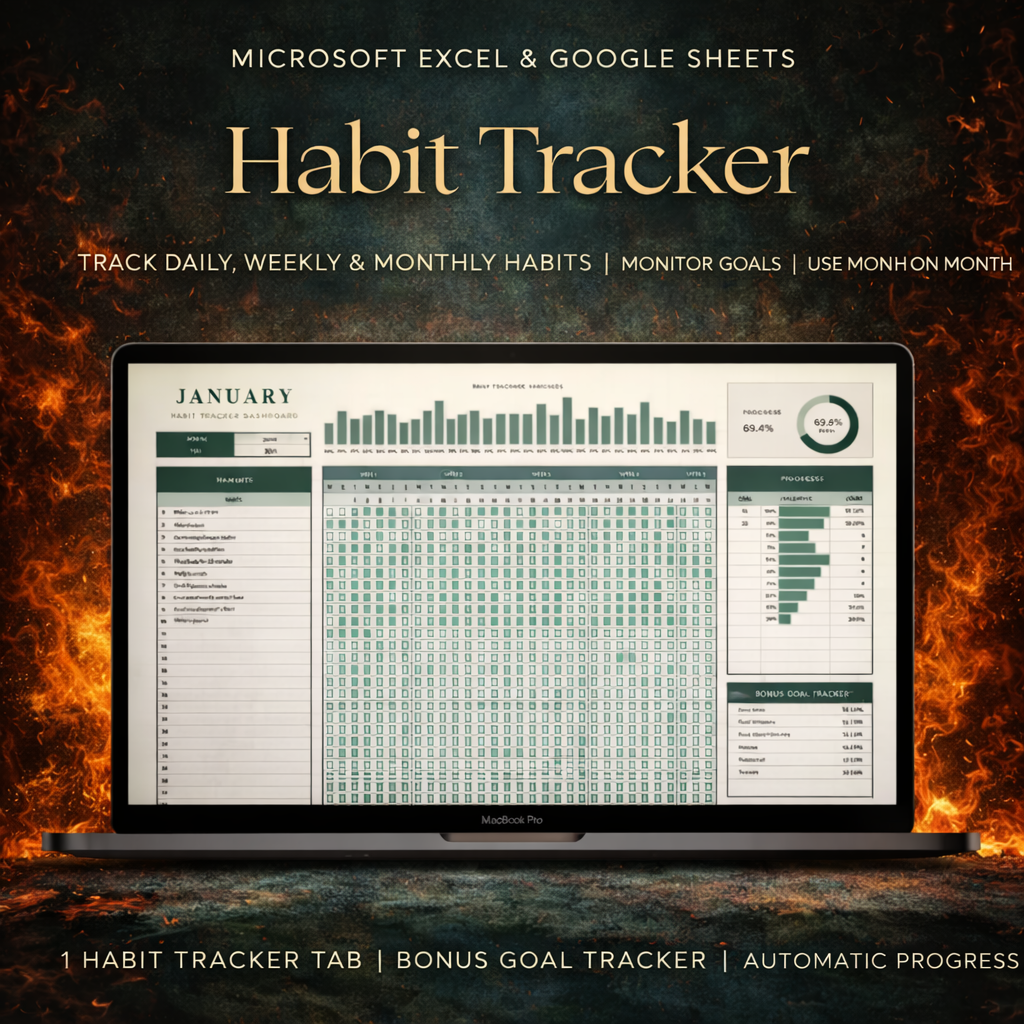Habit Tracker Spreadsheet Dark Mode Google Sheets Excel Daily Habit Planner Weekly Goal Planner Digital Routine Dashboard